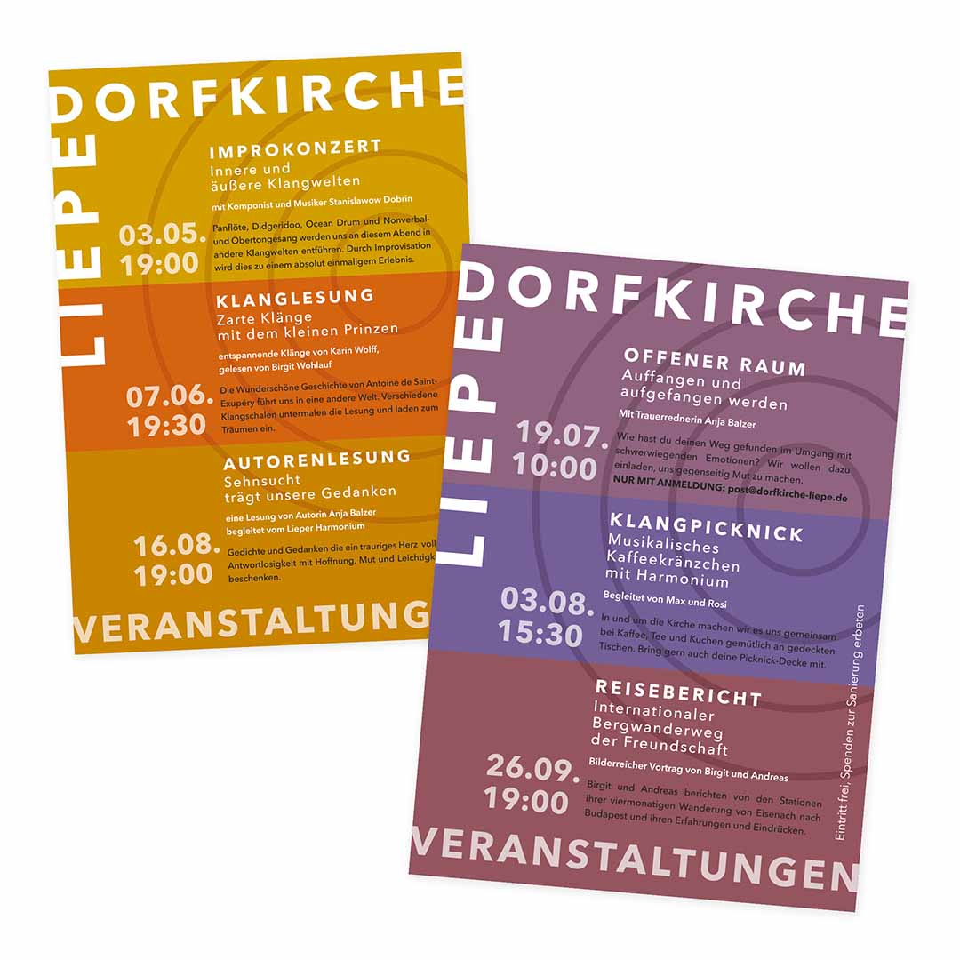 Zwei Flyer Dorfkirche Liepe - Veranstaltungen 2024 und 2025