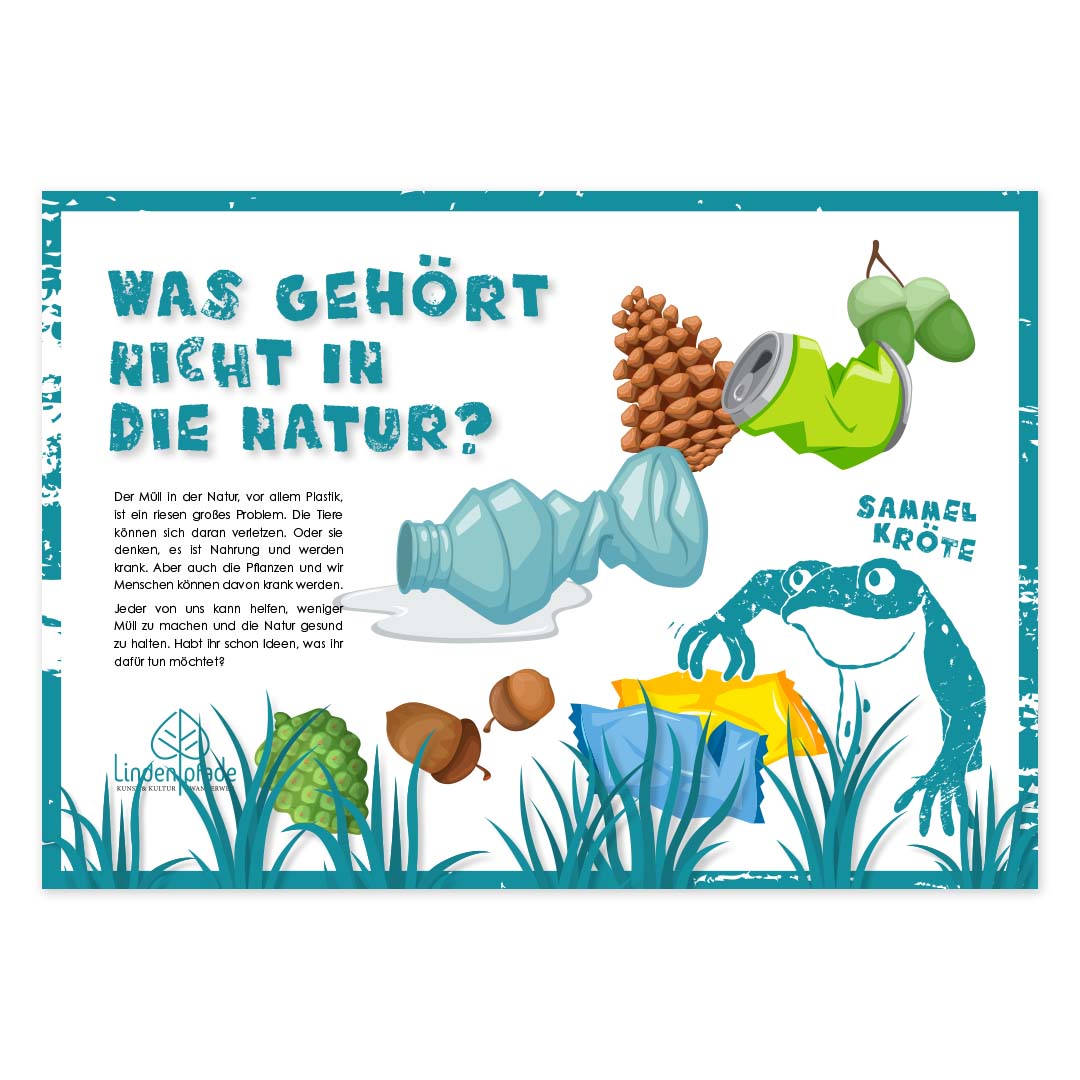 Beschilderung Sammelkröte - Naturlernpfad Lindenpfade - Was gehört nicht in den Wald