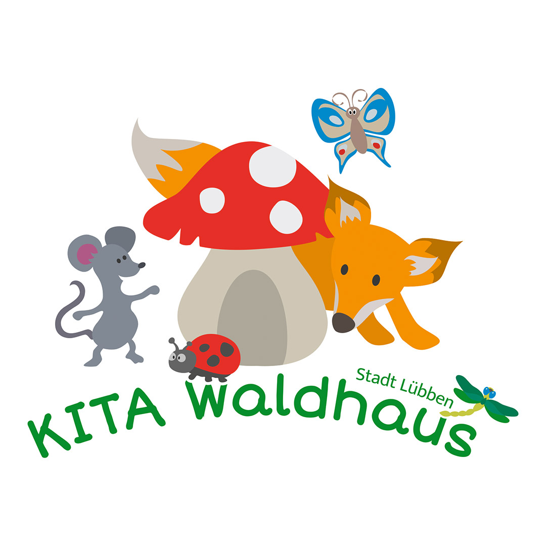 KITA Waldhaus Logo Design – Waldtiere vor Pilzhaus mit Stadt Lübben-Libelle